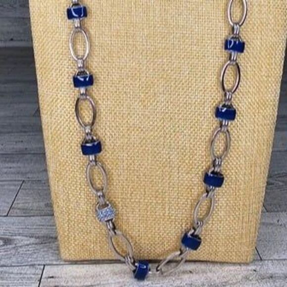 Coldwater Creek Silver Tone, Royal Blue and Light Blue Rhinestone Link Necklace - Picture 2 of 5